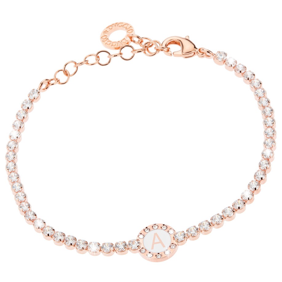 Bracciale Donna, DVUCCIO gioielli, Tennis, color ORO ROSA con Iniziale su Smalto Bianco