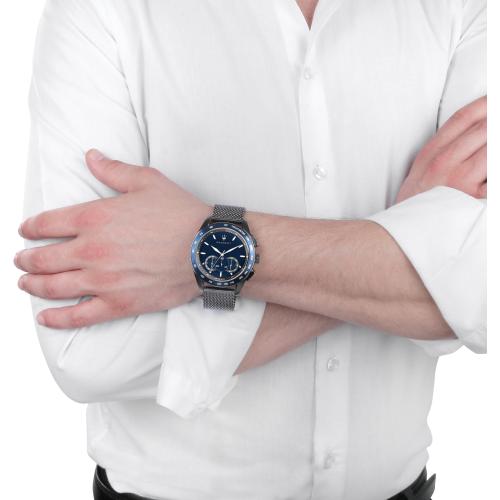 Orologio uomo Maserati, mod Traguardo, cronografo, cinturino acciaio di colore nero, brunito, maglia milanese, fondo blu, cod (R8873612009) - immagine 2