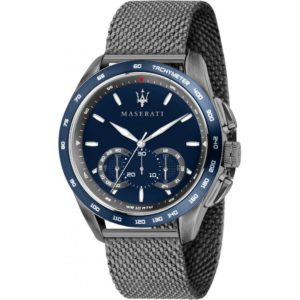 Orologio uomo Maserati, mod Traguardo, cronografo, cinturino acciaio di colore nero, brunito, maglia milanese, fondo blu, cod (R8873612009)