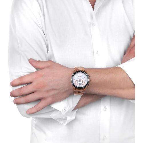 Orologio uomo Maserati, mod Traguardo, cronografo, cinturino acciaio color oro Rosa, maglia milanese, fondo bianco, cod (R8873612011) - immagine 2