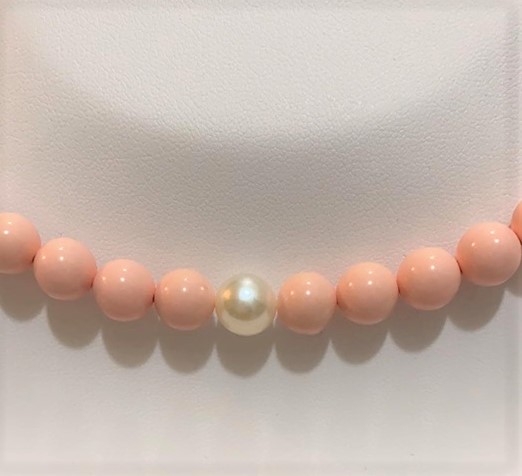 Collana Kioto gioielli, pasta di corallo rosa con Perla cetrale, chiusura in oro bianco, cod (182AR) - immagine 2