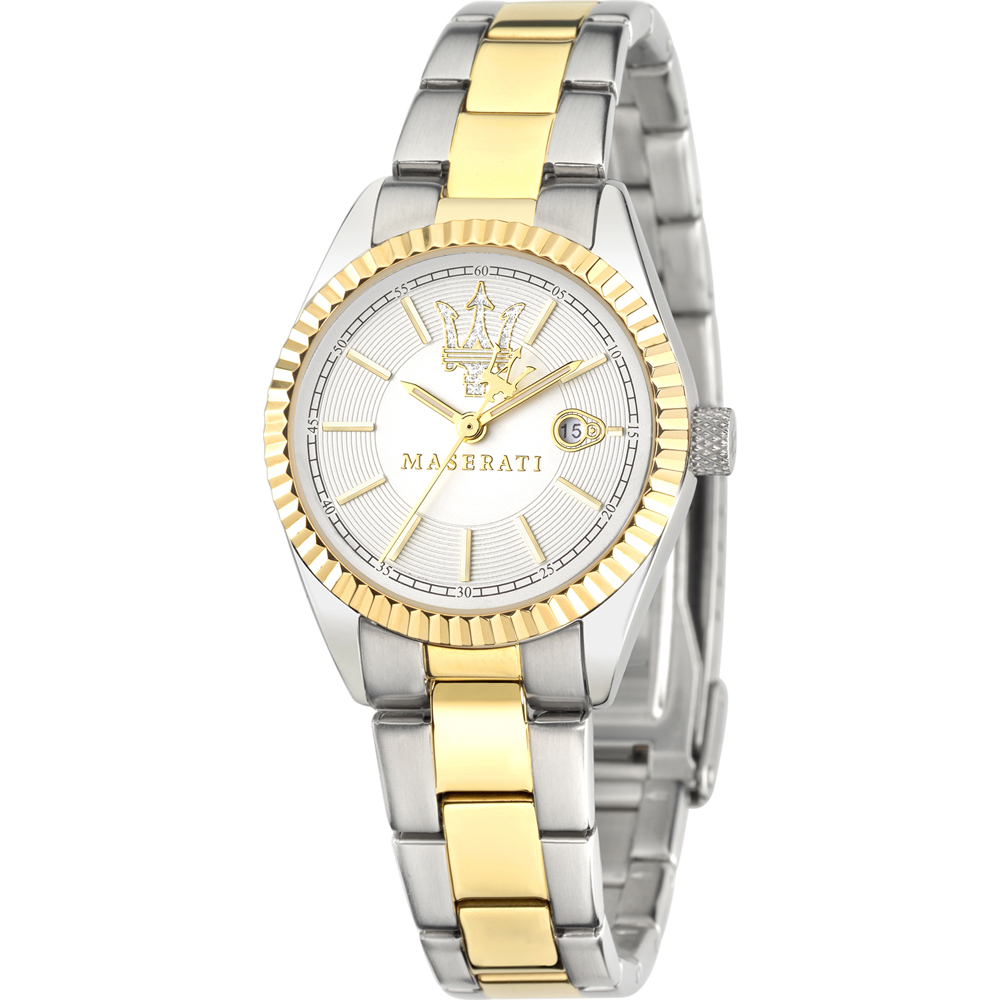 Orologio donna Maserati, mod Competizione, solo tempo, cinturino acciaio bicolore, ghiera zigrinata, fondo bianco, cod (R8853100505)