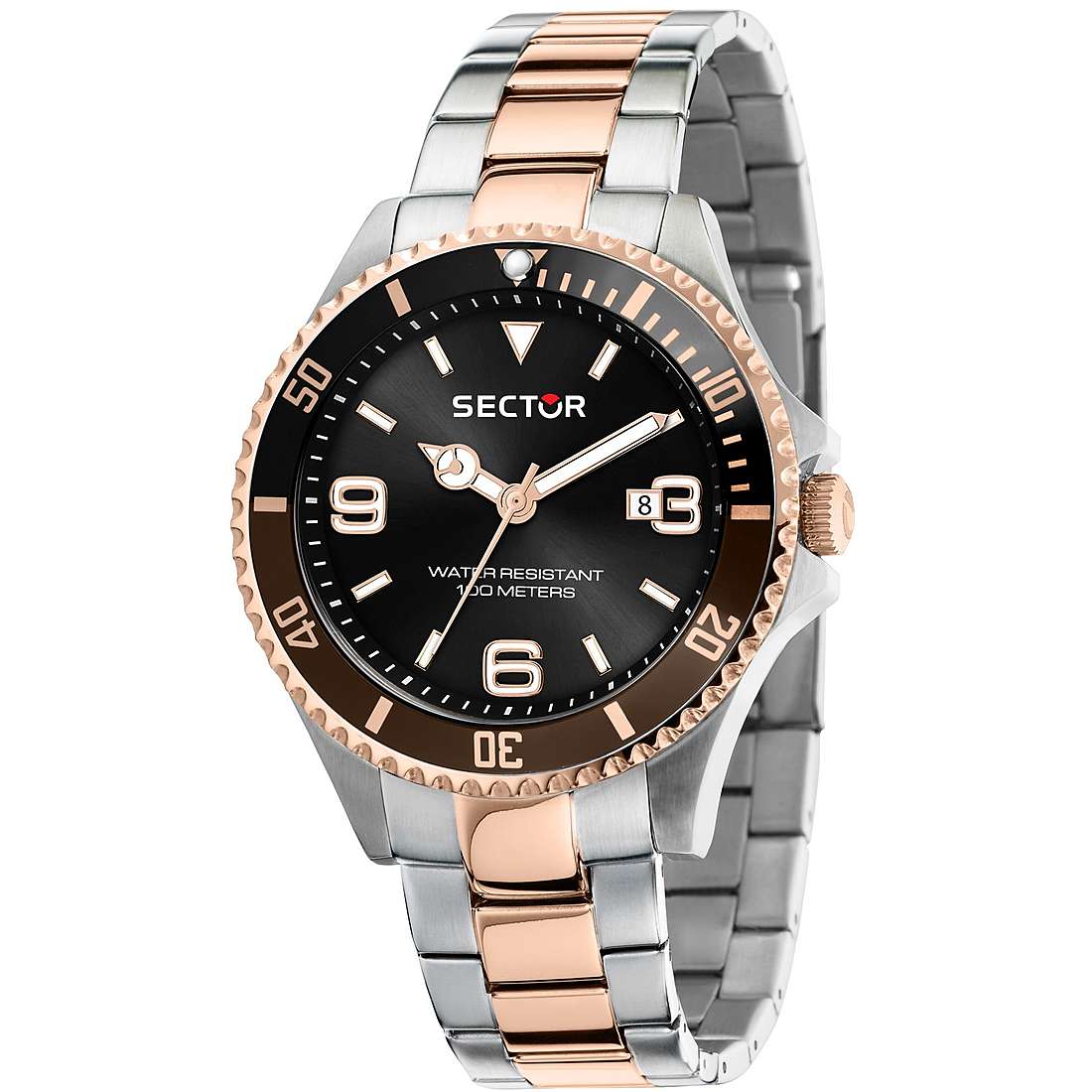 Orologio uomo Sector, mod 230, cassa e cinturino in acciaio bicolore rosè, fondo marrone scuro, ghiera bicolore girevole (R3253161019)