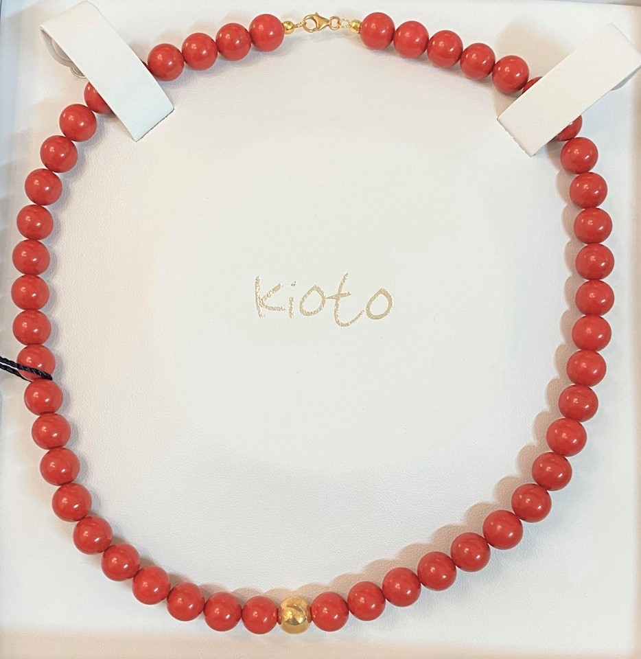 Collana Kioto gioielli, pasta di corallo rossa con sfera in oro 750 (18 kt) liscia, oro giallo, cod (184C)