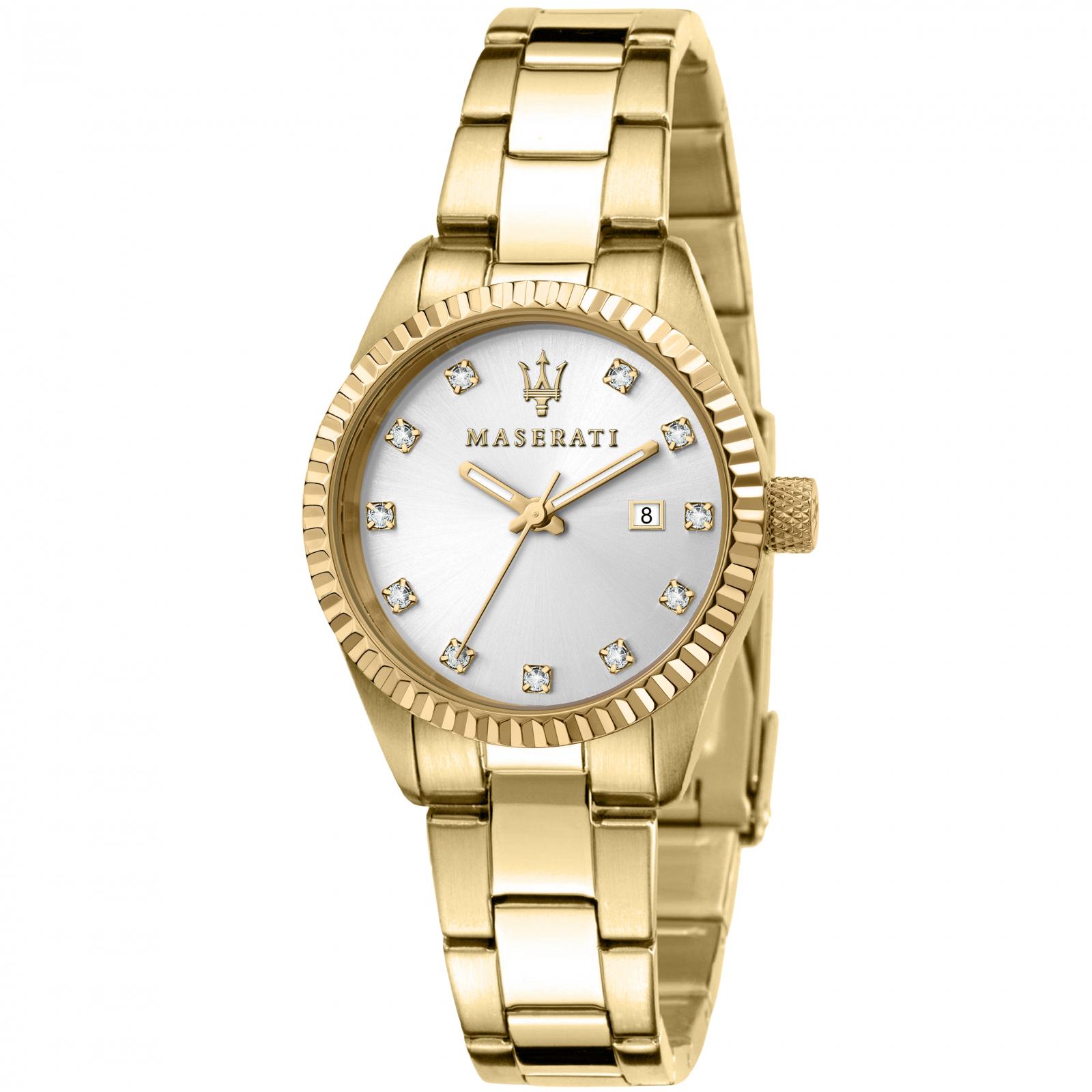 Orologio donna Maserati, mod Competizione, solo tempo, cinturino acciaio dorato, ghiera zigrinata, fondo argento, cod (R8853100506)