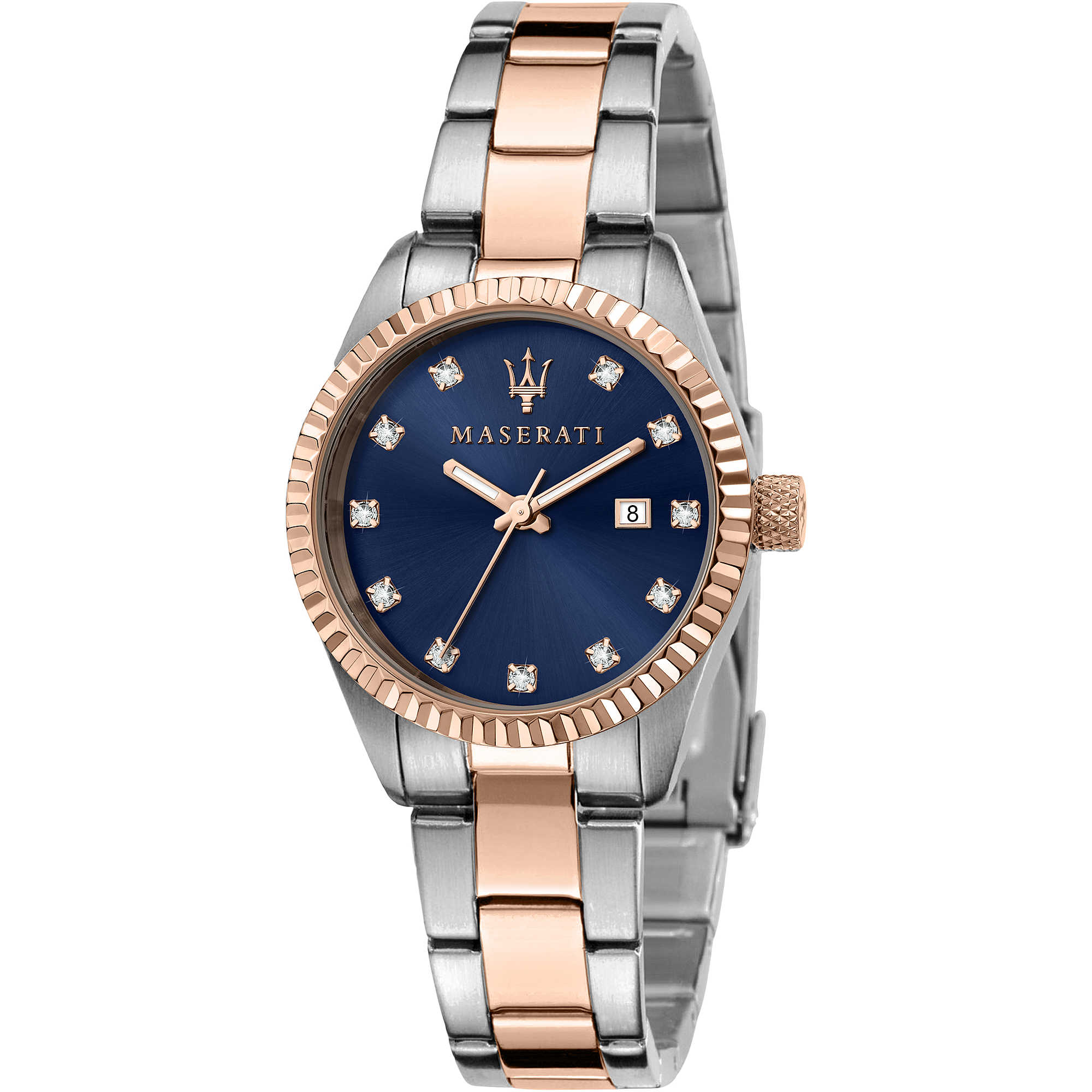 Orologio donna Maserati, mod Competizione, solo tempo, cinturino acciaio bicolore rosa, ghiera zigrinata, fondo blu, cod (R8853100507)